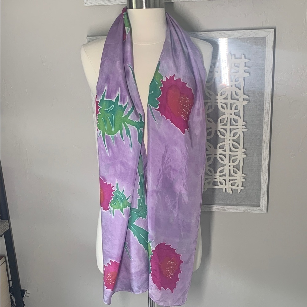 Lavender/Purple, pink and green floral silk scarf